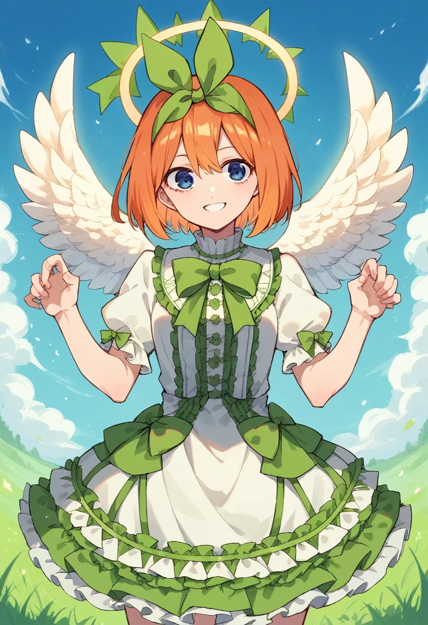 yotsuba nakano, bangs, short hair, blue eyes, hair between eyes, hair ribbon, hairband, orange hair, (green ribbon:1.5),Orange and white dress, Victoria Gothic Lolita Fashion, Lolita Style, , rococo dress, lolita fashion, one-piece,dress,petticoat,dynamic pose, angel wings, frills, tighthighs,halo, blue sky, grassy terrance,smile