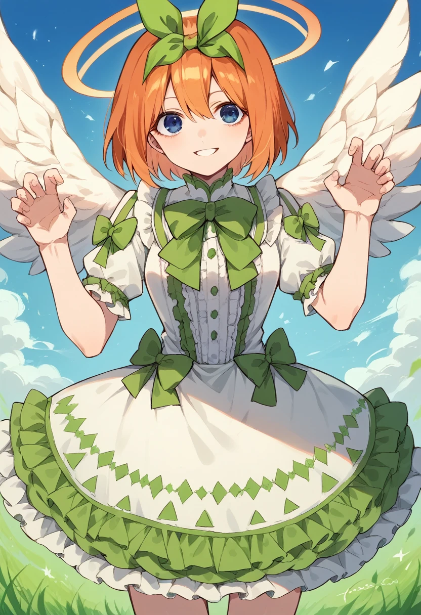 yotsuba nakano, bangs, short hair, blue eyes, hair between eyes, hair ribbon, hairband, orange hair, (green ribbon:1.5),Orange and white dress, Victoria Gothic Lolita Fashion, Lolita Style, , rococo dress, lolita fashion, one-piece,dress,petticoat,dynamic pose, angel wings, frills, tighthighs,halo, blue sky, grassy terrance,smile