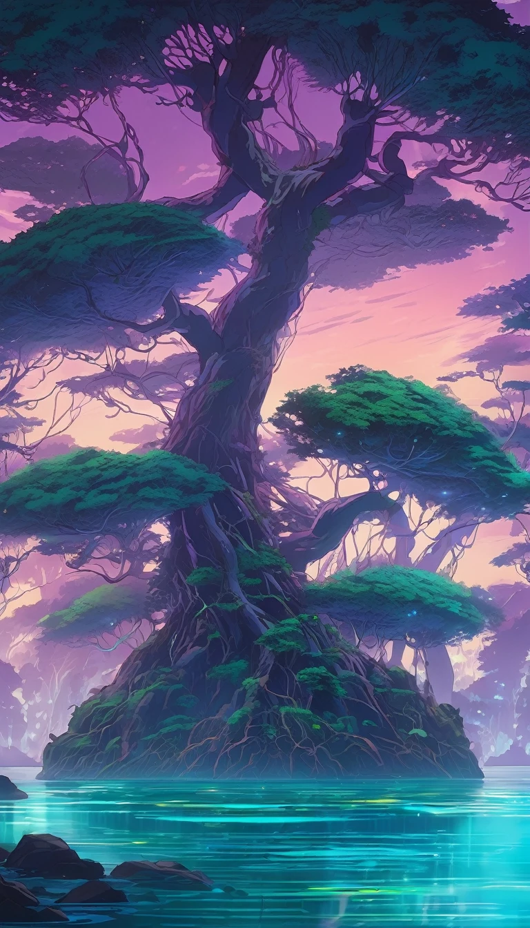 Luminescent Grand vine, Colossal Mangrove vines with Bioluminescent veins of light illuminating the alien jungle landscape, Grand vine, Turquoise and Purple color scheme only, Turquoise and Purple colors only, Turquoise and Purple, Made in Abyss, Stormlight Archive, Studio Ghibli, Anime Key Visual, by Makoto Shinkai, Deep Color, Intricate, 8k resolution concept art, Natural Lighting, Beautiful Composition, Xianxia style