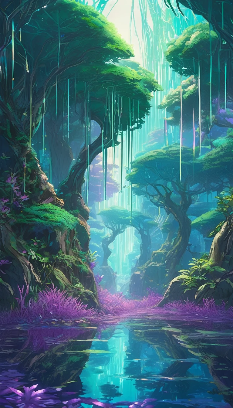 Luminescent Grand vine, Colossal Mangrove vines with Bioluminescent veins of light illuminating the alien jungle landscape, Grand vine, Turquoise and Purple color scheme only, Turquoise and Purple colors only, Turquoise and Purple, Made in Abyss, Stormlight Archive, Studio Ghibli, Anime Key Visual, by Makoto Shinkai, Deep Color, Intricate, 8k resolution concept art, Natural Lighting, Beautiful Composition, Xianxia style