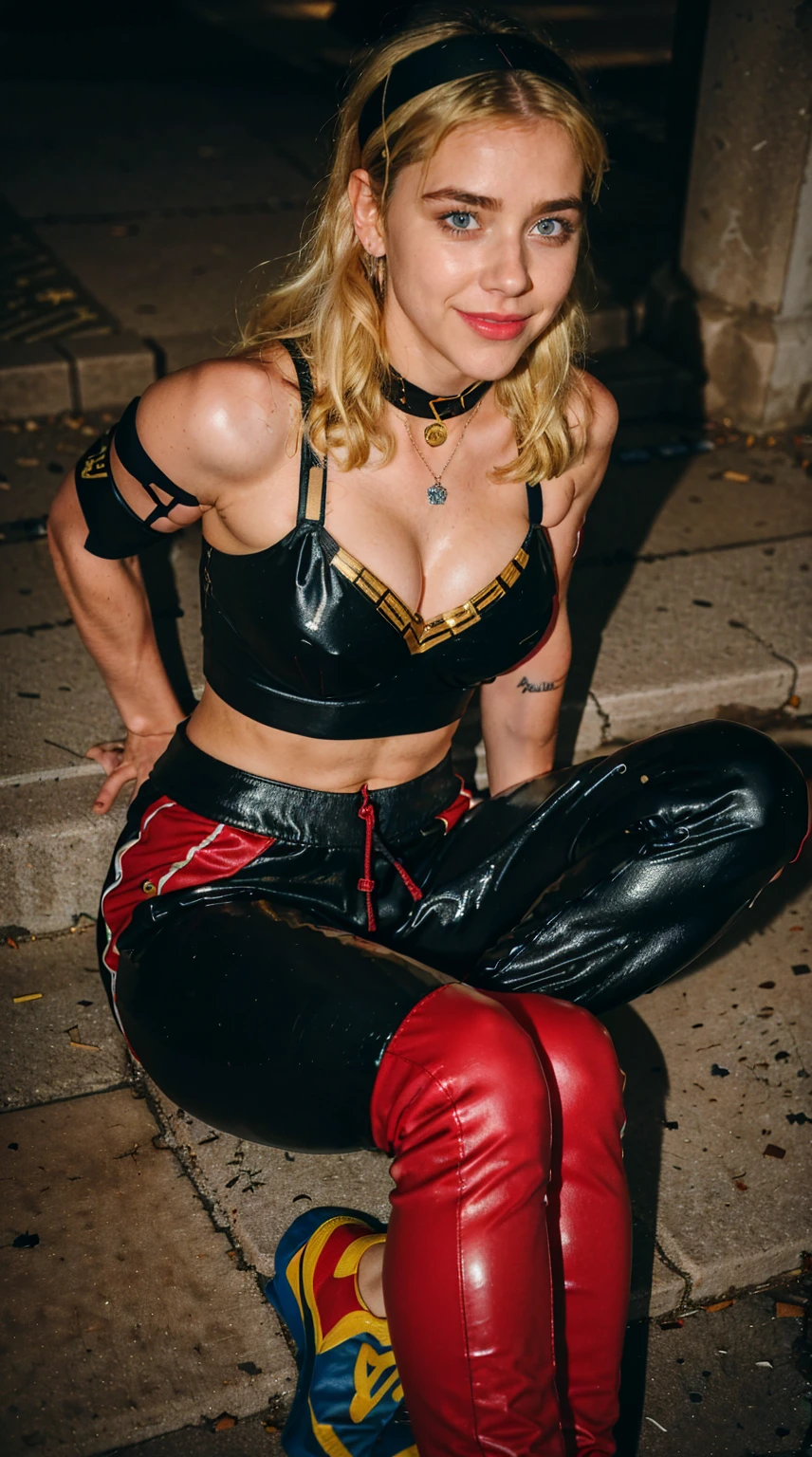 Masterpiece, Best quality, (solo girl), , (photorealistic1.4), (epiCRealLife), (flashphoto), (sports bra cleavage), (UHD), (young woman), (blonde hair), (blue eyes), (Wondergirl_YJ latex black armor costume), (Wondergirl_YJ black hairband) (long red Wondergirl_YJ sweat pants), (Wondergirl_YJ black costume) (Wondergirl_YJ sports bra cleavage (, (outdoor ), (Paris Street), (next to Eifel Tower), (red jogging pants), (Kiernan Shipka smile), ),(sks woman), (sitting on curb)
