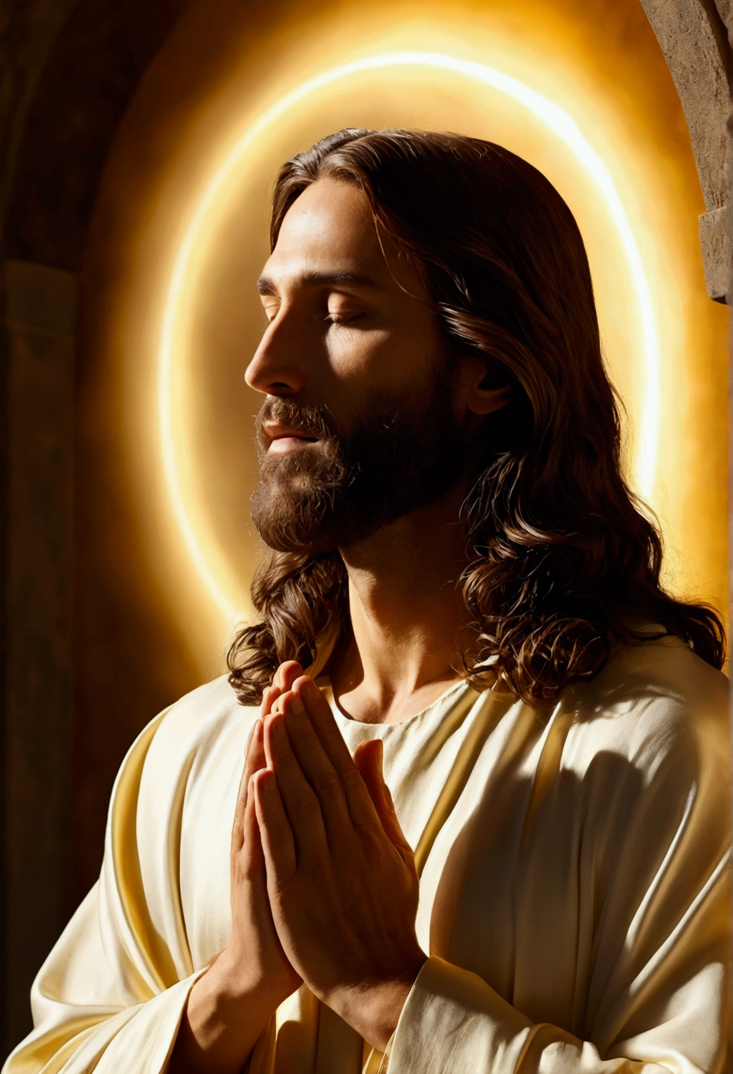"A divine representation of Jesus, your profile veiled in serenity, hands clasped in reverent prayer, illuminated by a radiant halo of golden light."