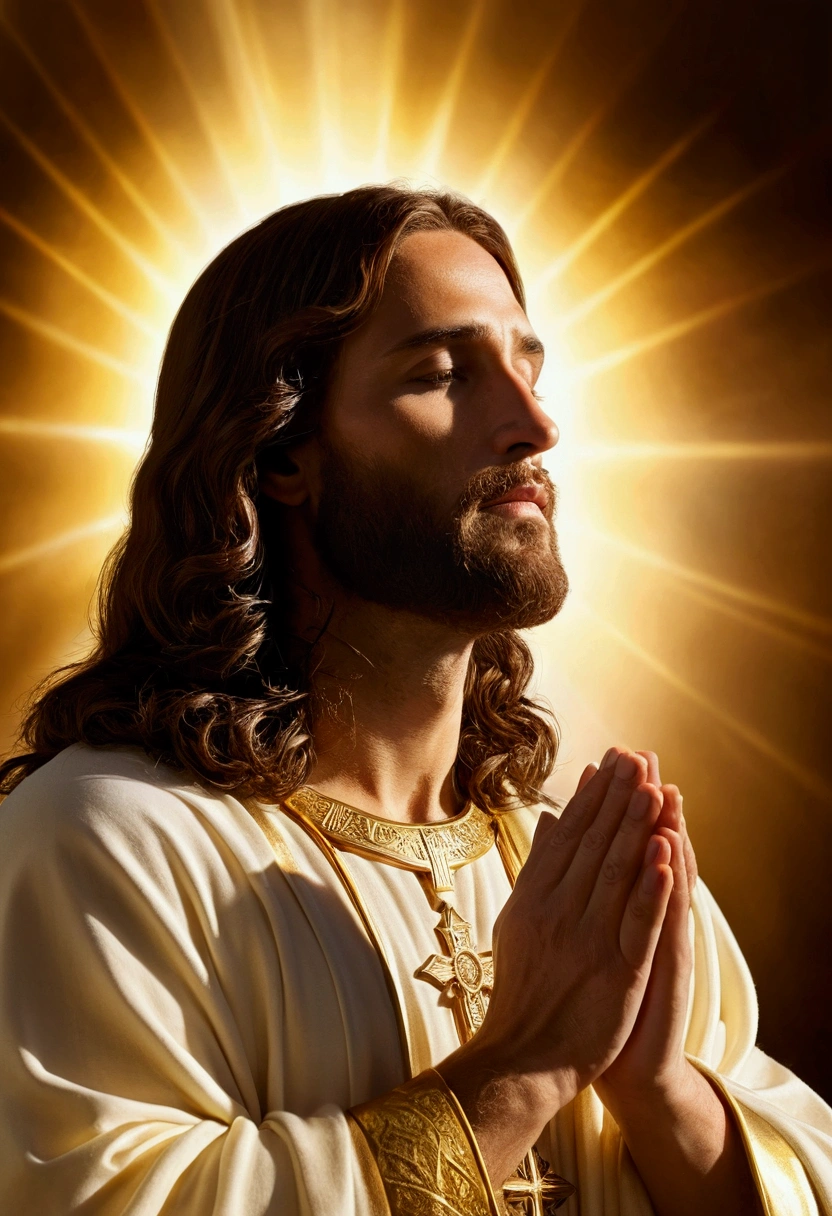 "A divine representation of Jesus, your profile veiled in serenity, hands clasped in reverent prayer, illuminated by a radiant halo of golden light."
