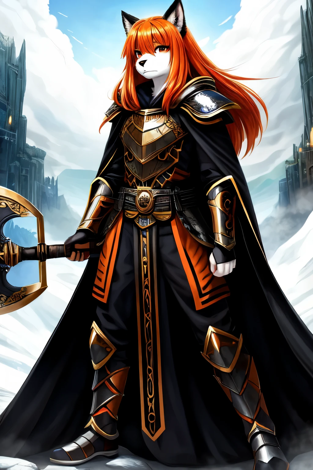 ((best quality)), ((masterpiece)), (detailed), 1 boy, furry, kemono , full body, full body armor, long armor robe, black and white fur, holding a war hammer in right hand, epic standing, epic background, long skirt, long cape, black and white, black and white fur, very long robe, long orange hair, orange and black, black, white, guy