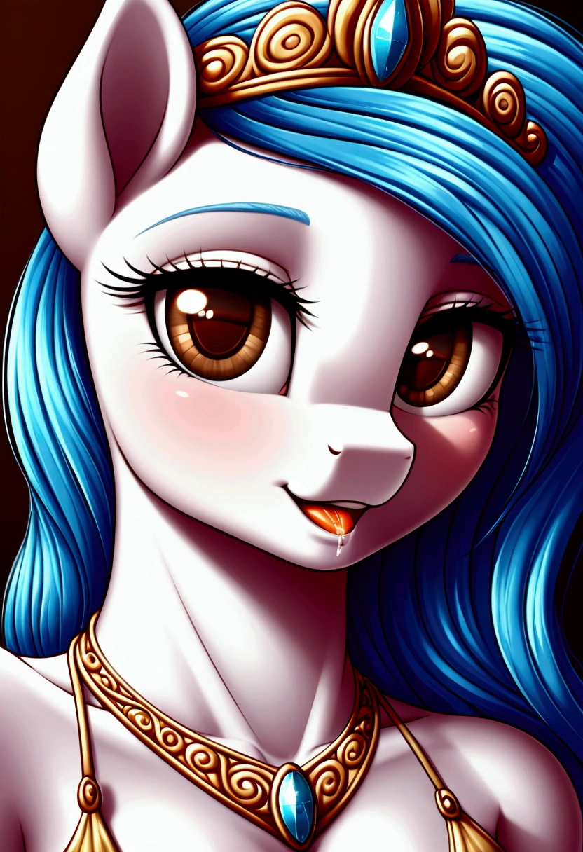 My little pony, anthro, long blue hair, white body, brown eyes, very seductive pose, opened her mouth, and strings of saliva stretched within it, she takes off her panties