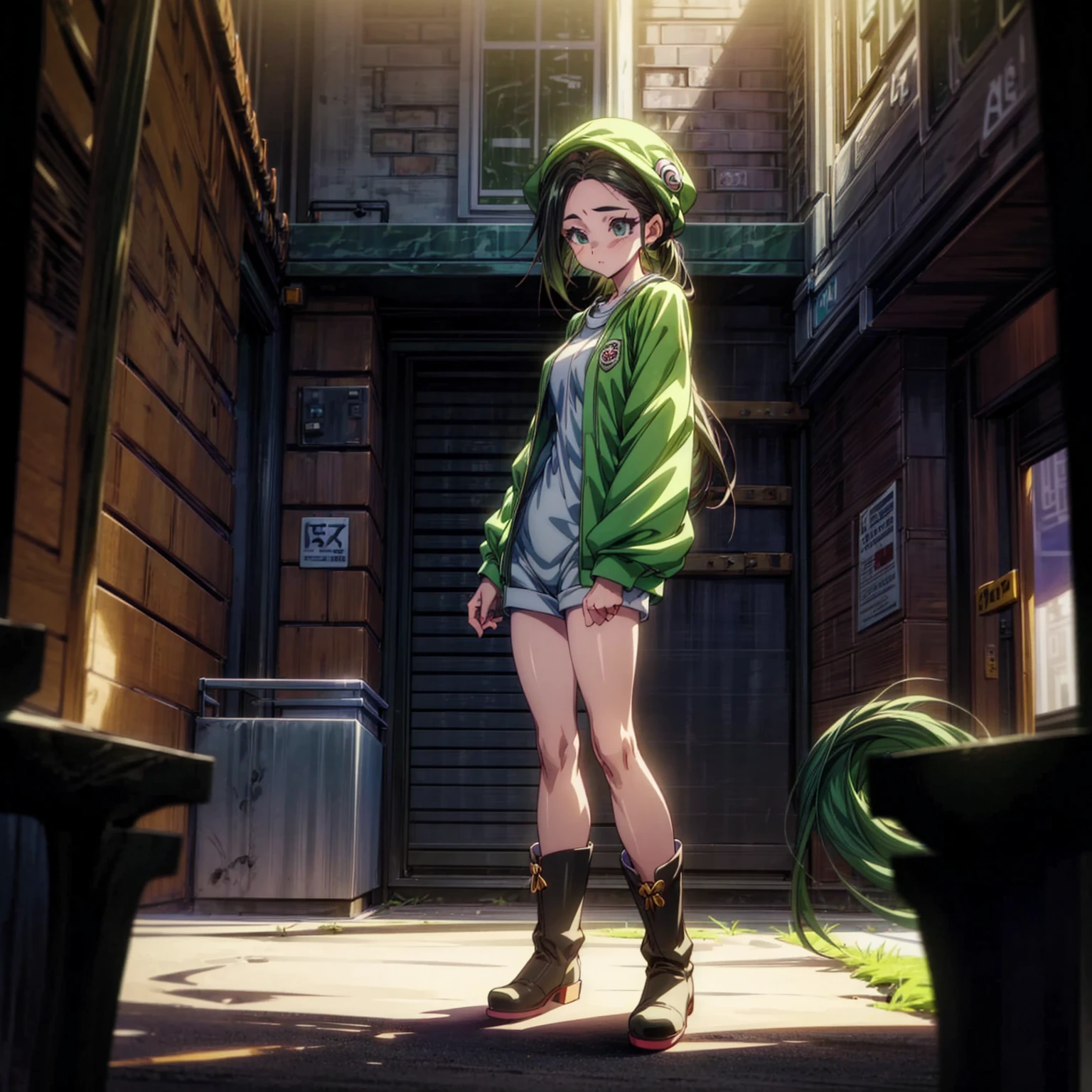 1children girl, Full body version, 1character, green eyes, long haircut, green color hair, casual style clothing, hat, boots, Grassroots, background in city street, motion blur, (dragon ball style art), standing gesture, lighting 