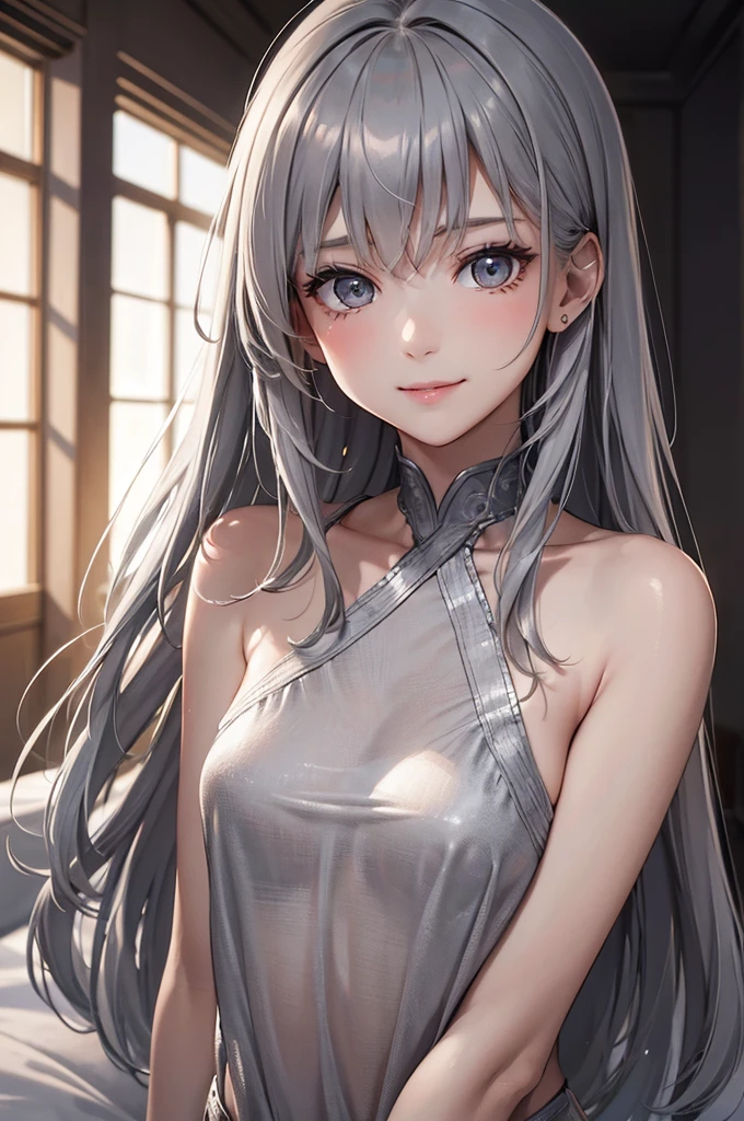 Best Quality,High resolution,8k,finelity detailed background,Masterpiece:1.2),beautiful girl,Glossy romance gray hair,crossed bangs,Gray Eyes,Gentle look,A refreshing look,smile,Best quality,Best Quality,Aesthetic and aesthetic:1.2,Best details((Super detailed))(High-definition CG illustrations),Upper Body,Dark grey underwear, (dark gray),Slender body,night,moon,Bedroom,On the bed,smile,blush,cute,Scrounge,Looking up,Being spoiled,super model,wariza,shoot from,below
