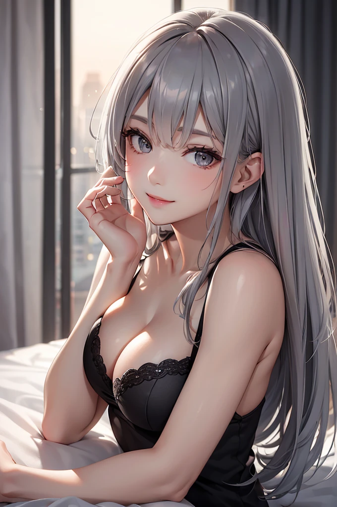 Best Quality,High resolution,8k,finelity detailed background,Masterpiece:1.2),beautiful girl,Glossy romance gray hair,crossed bangs,Gray Eyes,Gentle look,A refreshing look,smile,Best quality,Best Quality,Aesthetic and aesthetic:1.2,Best details((Super detailed))(High-definition CG illustrations),Upper Body,Dark grey underwear, (dark gray),Slender body,night,moon,Bedroom,On the bed,smile,blush,cute,Scrounge,Looking up,Being spoiled,super model,wariza,shoot from,below