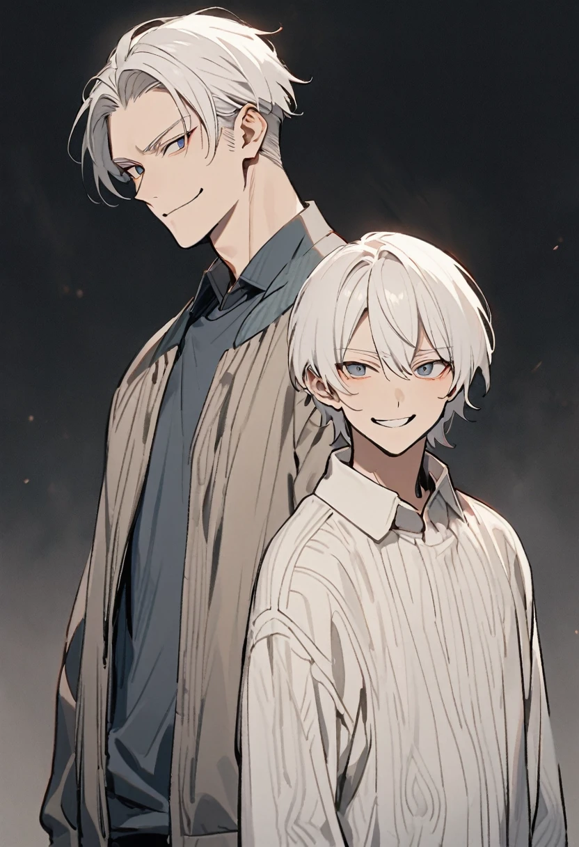 White Hair, Short Hair, 30generation, male, good looking, Bad look, knit, Upper Body, Are standing, Background white, male一人, smile, Bossy,