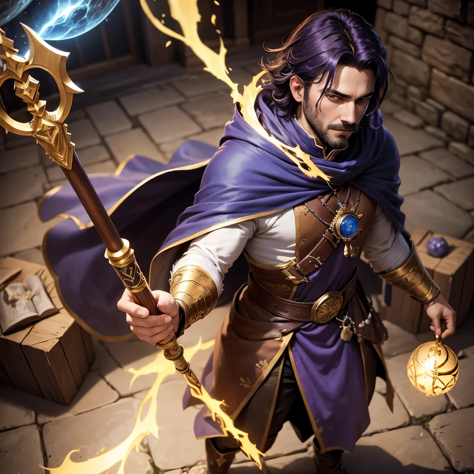 8k, masterpiece, best quality, realistic, higly detailed, 1man, 34 years old boy, male, solo, Sebastian Zafeíri, Brazilian features, dnd, d&d, dungeons and dragons, dungeons & dragons, rpg, ttrp, Monspeet from nanatsu no taizai, 34 years old man, dark purple hair, small mustache, white cloak which covers most of his body, covered with dark matter, golden boots, wizard, staff with blue sapphire