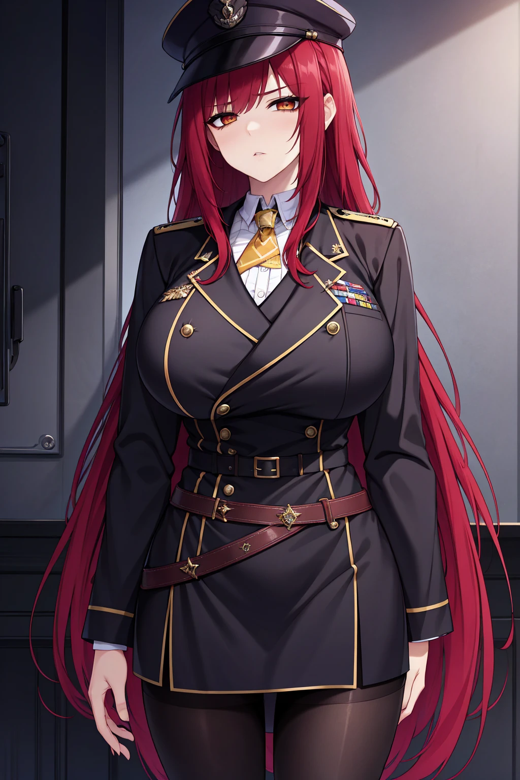 braided hair、braided hair,red-eyes,black-hair,bainded-hair,Braided Hair、long-hair,yellow-eyes,big-breast army-suit, white-armysuit-suit,black-pantyhose,mini-skirt,23 years old,older sister、Ultra-high resolution、Ultra HD,Braided Hair、red-tie,standing,milf,wife,,dark-makeup,、huge-breast,red-hair,red-hair,uniform、uniform、red-hair,military,yellow-eyes,military-cap,male,male-women,belt,angry