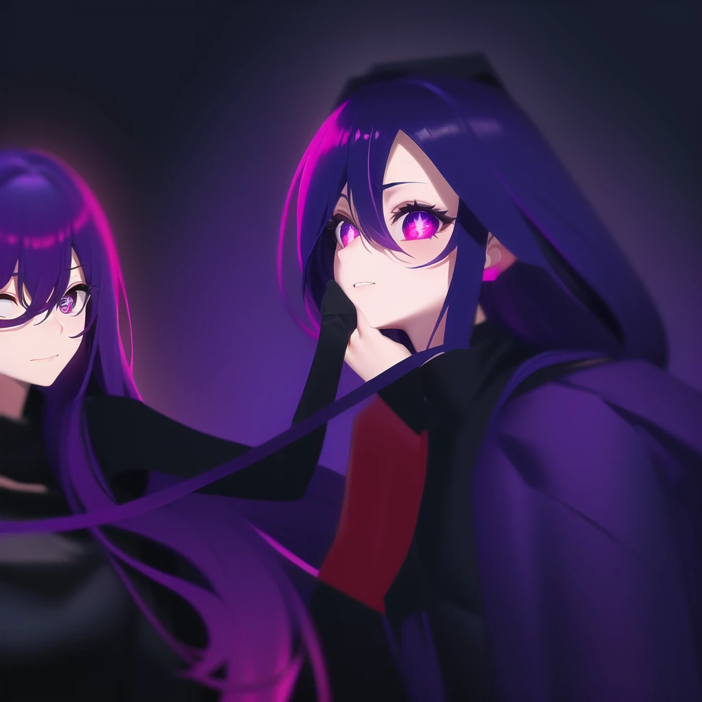 anime characters with purple hair and black hoodies, next to each other, gamoe yandere grimdark, 2d anime style, anime in fantasy style, official fanart, puce and vermilion, Fan art of jogo 2D, a little red and purple, 2d art, 2d art, not anime style, gamoe yandere, 2 d anime, zerochan art