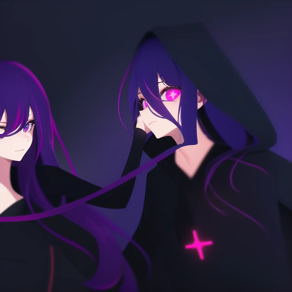 anime characters with purple hair and black hoodies, next to each other, gamoe yandere grimdark, 2d anime style, anime in fantasy style, official fanart, puce and vermilion, Fan art of jogo 2D, a little red and purple, 2d art, 2d art, not anime style, gamoe yandere, 2 d anime, zerochan art