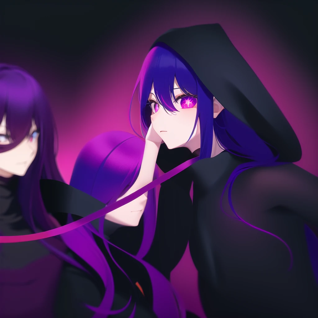 anime characters with purple hair and black hoodies, next to each other, gamoe yandere grimdark, 2d anime style, anime in fantasy style, official fanart, puce and vermilion, Fan art of jogo 2D, a little red and purple, 2d art, 2d art, not anime style, gamoe yandere, 2 d anime, zerochan art