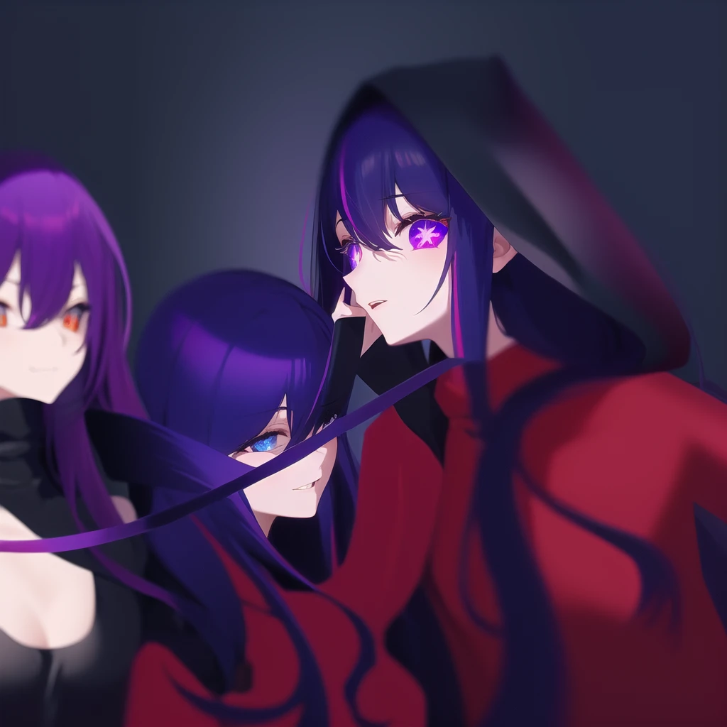 anime characters with purple hair and black hoodies, next to each other, gamoe yandere grimdark, 2d anime style, anime in fantasy style, official fanart, puce and vermilion, Fan art of jogo 2D, a little red and purple, 2d art, 2d art, not anime style, gamoe yandere, 2 d anime, zerochan art
