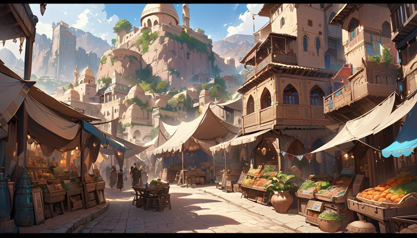 Highest quality,masterpiece,Arabian style town,landscape,There are no humans,Fantasy,Charming streetscape,Concept Art,Fantasy,market,high resolution,4K,Atmospheric