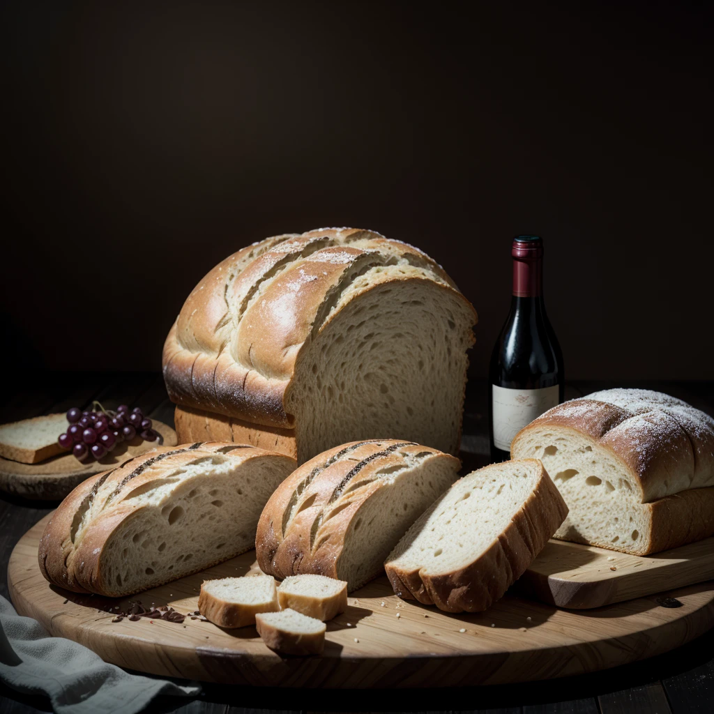 bread and wine with a medium dark background