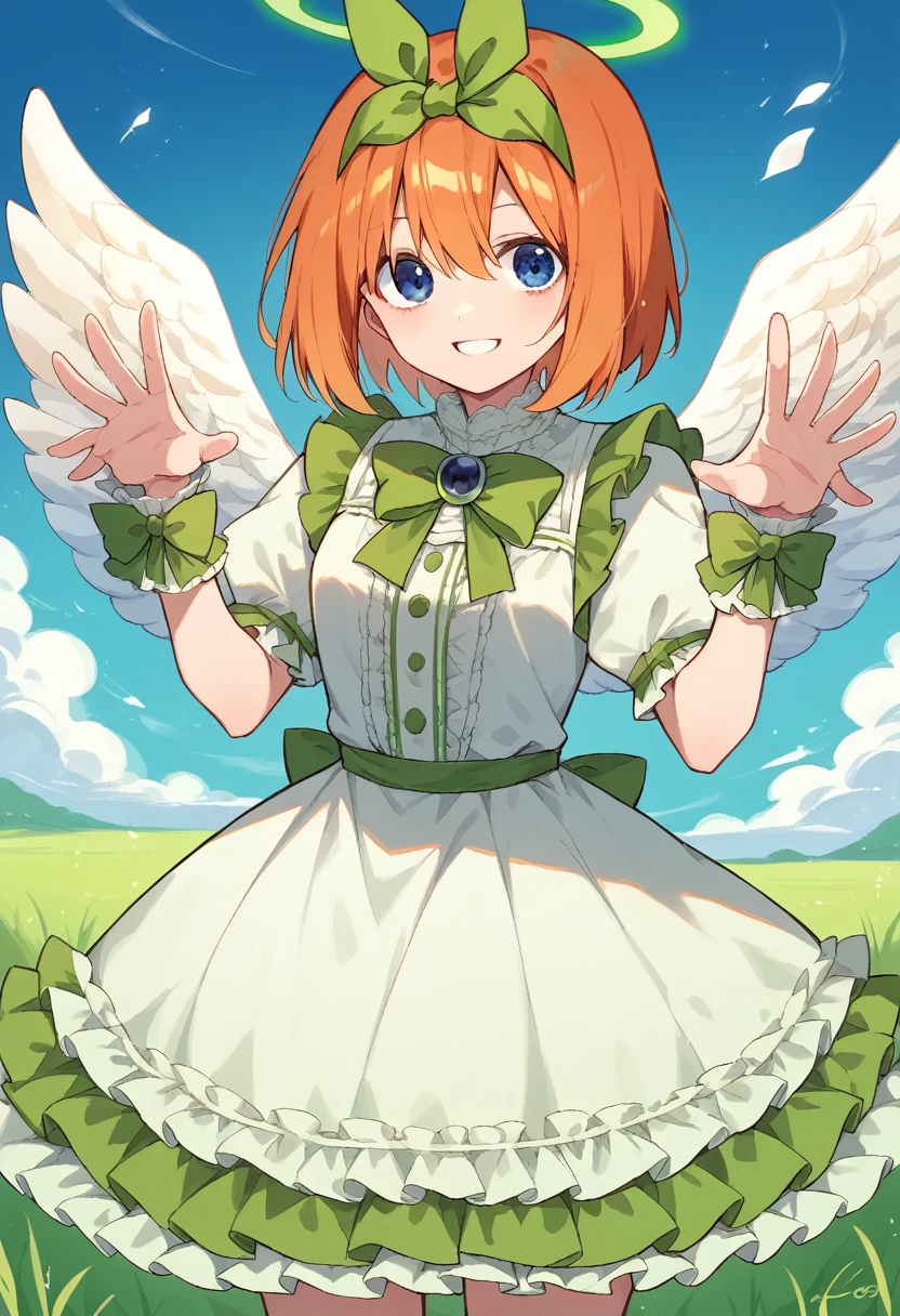 yotsuba nakano, bangs, short hair, blue eyes, hair between eyes, hair ribbon, hairband, orange hair, (green ribbon:1.5),Orange and white dress, Victoria Gothic Lolita Fashion, Lolita Style, , rococo dress, lolita fashion, one-piece,dress,petticoat,dynamic pose, angel wings, frills, tighthighs,halo, blue sky, grassy terrance,smile