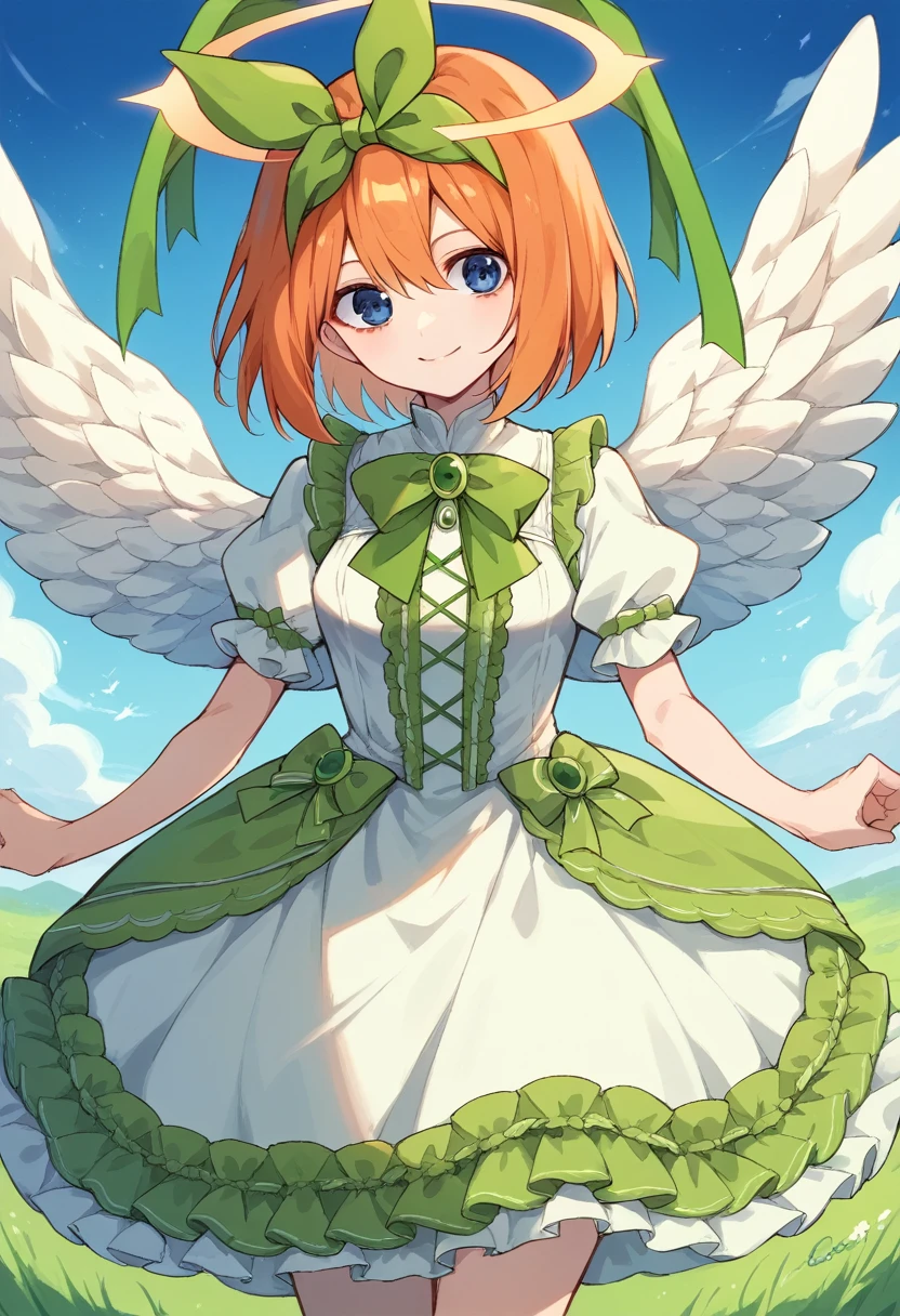 yotsuba nakano, bangs, short hair, blue eyes, hair between eyes, hair ribbon, hairband, orange hair, (green ribbon:1.5),Orange and white dress, Victoria Gothic Lolita Fashion, Lolita Style, , rococo dress, lolita fashion, one-piece,dress,petticoat,dynamic pose, angel wings, frills, tighthighs,halo, blue sky, grassy terrance,smile