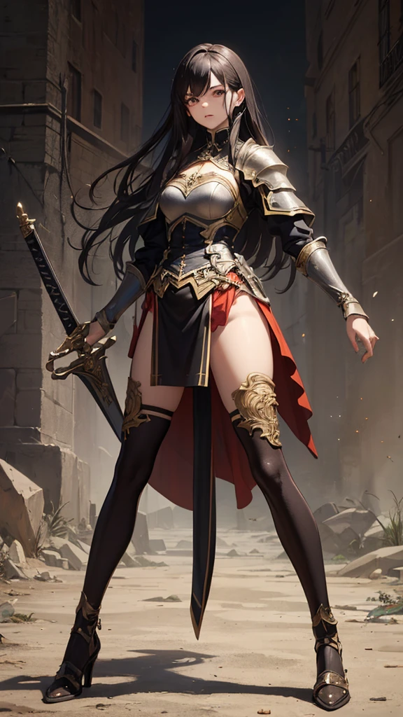 (masterpiece, 4K ,Super detailed:1.2), (anime:1), (Perfect quality), (anger), (((Adult body))), The whole body is shown, View Viewer, Holding a sword, Adult women, tall, Full Body Art, Knight's full plate decorated armor, Silver Cape, Perfect detail, Desperate look, Ultra violent women, Powerfully々And, Muscular, Military Commander, A woman in very heavy white armor, Green Hair