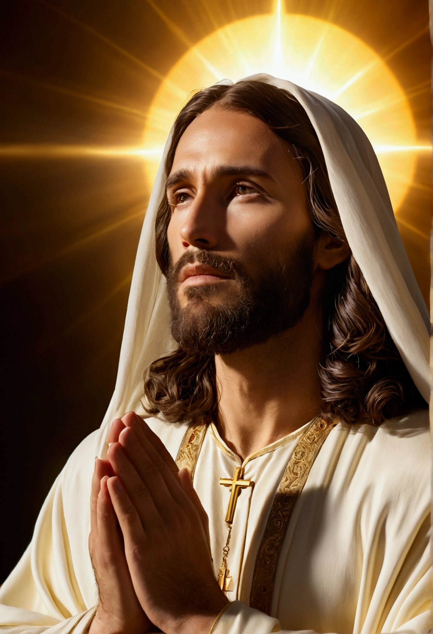 "A divine representation of Jesus Christ with the face of , your profile veiled in serenity, hands clasped in reverent prayer, illuminated by a radiant halo of golden light."