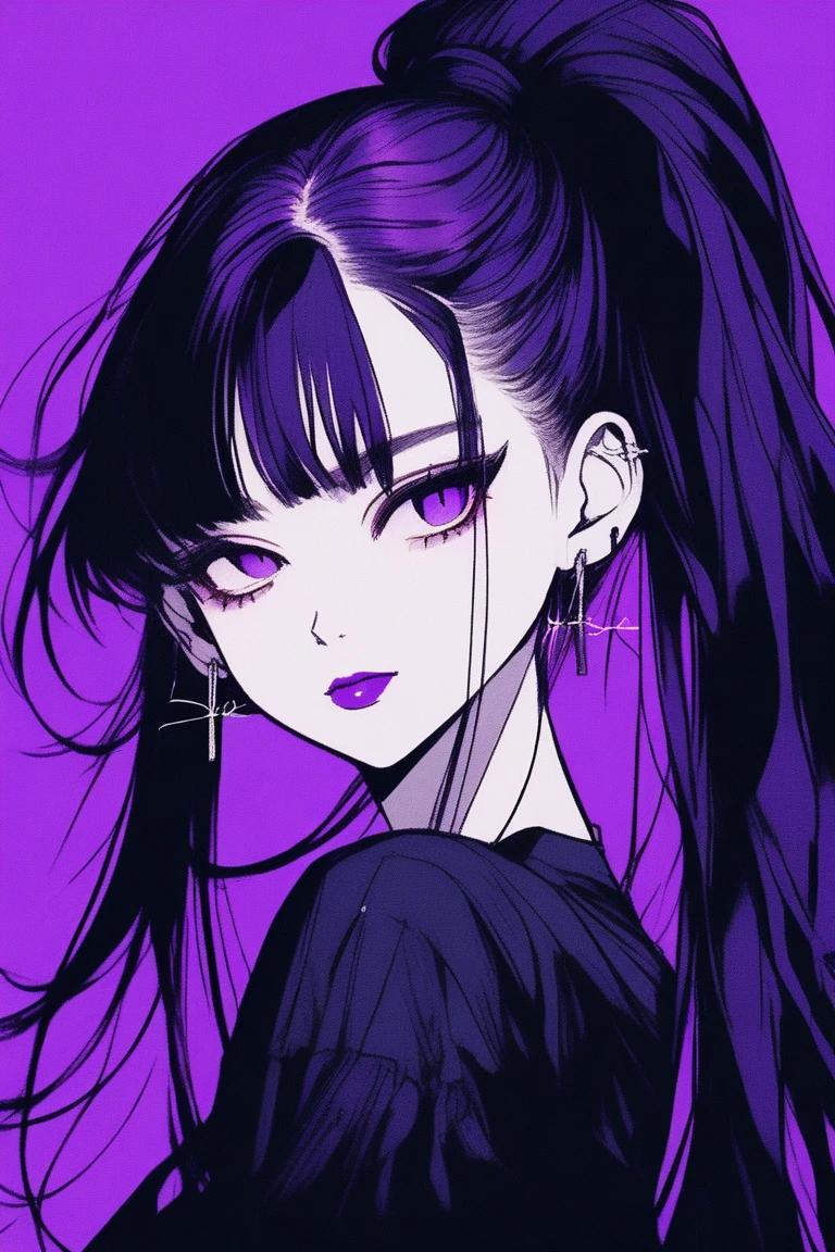 (best quality, sketch:1.2),realistic,illustrator,anime,1 girl, detailed lips, black dress, purple hair, long ponytail, long bangs, forehead showing, wearing grasses, smiling a little, cool vibes, custom, (background dark monochrome),neon hair, textured cropping, masterpiece, style retro classic, noir dark, art, sketch book, (bob hair black:1.75 neon:1.32), bad women , dark shadows