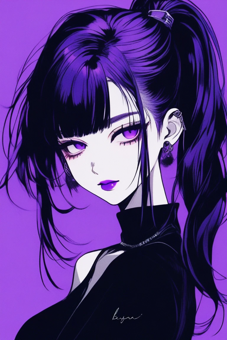(best quality, sketch:1.2),realistic,illustrator,anime,1 girl, detailed lips, black dress, purple hair, long ponytail, long bangs, forehead showing, wearing grasses, smiling a little, cool vibes, custom, (background dark monochrome),neon hair, textured cropping, masterpiece, style retro classic, noir dark, art, sketch book, (bob hair black:1.75 neon:1.32), bad women , dark shadows