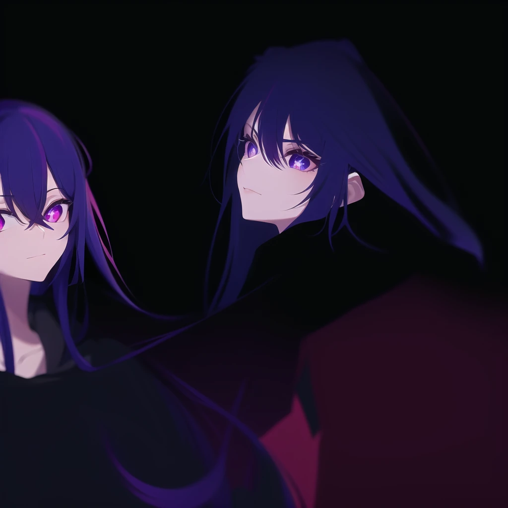 anime characters with purple hair and black hoodies, next to each other, gamoe yandere grimdark, 2d anime style, anime in fantasy style, official fanart, puce and vermilion, Fan art of jogo 2D, a little red and purple, 2d art, 2d art, not anime style, gamoe yandere, 2 d anime, zerochan art