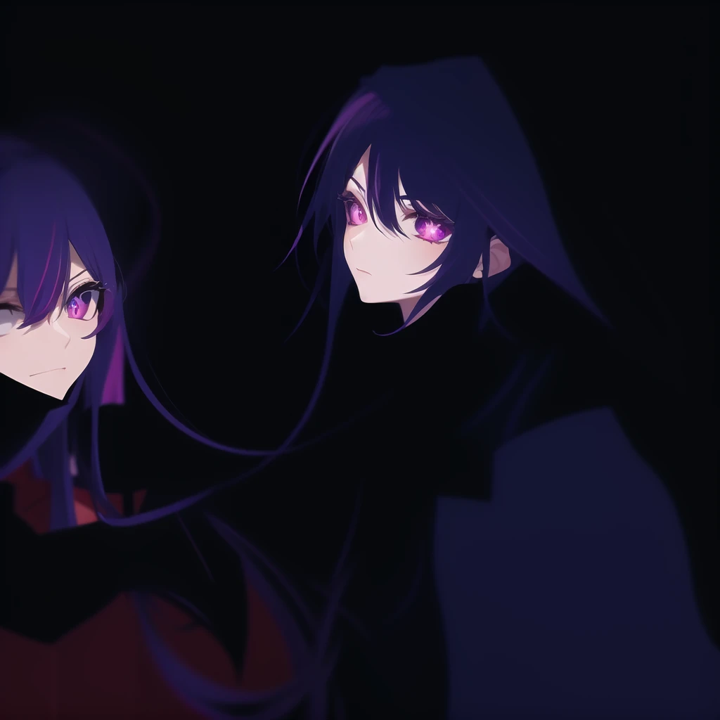 anime characters with purple hair and black hoodies, next to each other, gamoe yandere grimdark, 2d anime style, anime in fantasy style, official fanart, puce and vermilion, Fan art of jogo 2D, a little red and purple, 2d art, 2d art, not anime style, gamoe yandere, 2 d anime, zerochan art