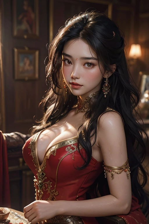 a beautiful detailed oil painting portrait of an Uzbek princess, a woman with long wavy black hair, oily skin, wearing a red dress, showing her sweaty armpits and big breasts, highly detailed, photorealistic, dramatic lighting, cinematic, artistically rendered, vibrant colors, intricate details, masterpiece, award-winning