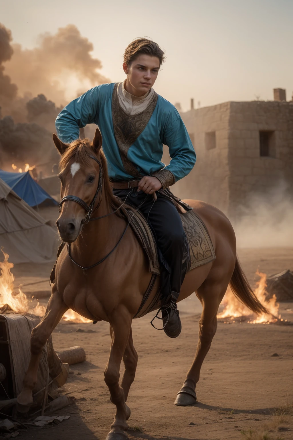 A young male twink, 18 years old, with a cute, angelic face, with makeup and black hair, wearing a medieval shirt with ties, a v-neck, and long sleeves, the color aquamarine, and white medieval pants. He is on the battlefield, riding on a horse, as if the horse is galloping.  He has medieval boots on his feet, and he holds a sword up and his shield in his other hand. Behind him are tents burning with flames, and he looks angrily.