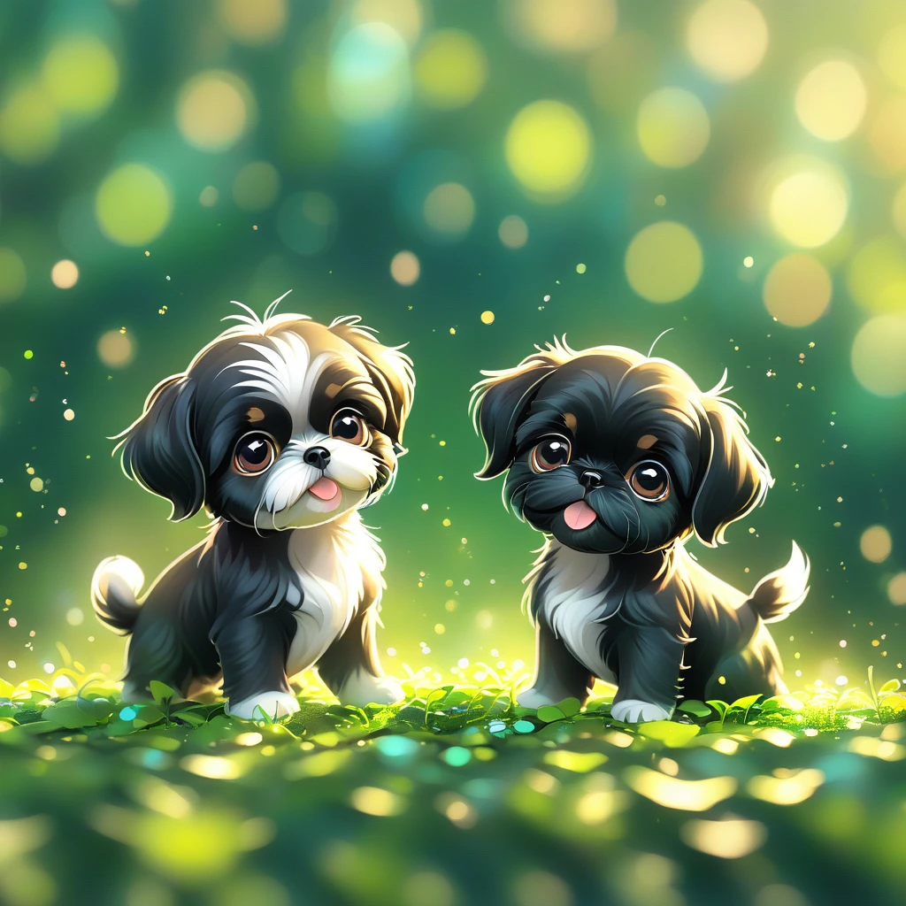 (masterpiece, best quality:1.2), 2 adorable small solid black Shih Tzu puppies on green background, cute numbersArt, Lovely and detailed digital art, 4k hd illustration wallpaper, Cute numbers, Blurred dream illustration, 4k hd wallpaper illustration, Cute 3d rendering, A beautiful artistic illustration, 2d illustration, 2d illustration, Blurred dreamy illustration, Epic Concept Art. bokeh