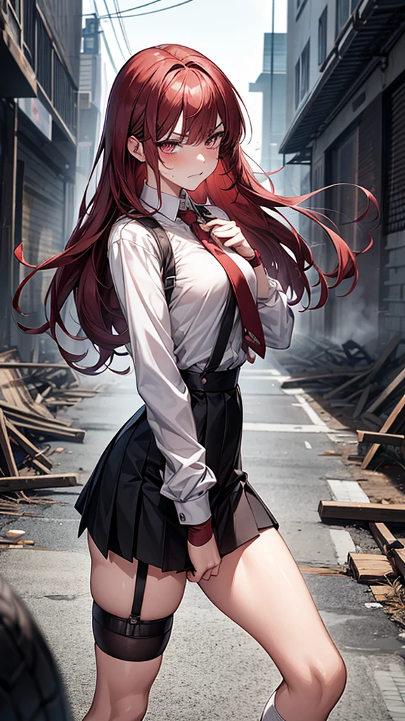 {{masterpiece}}, {{{Highest quality}}},{{Very detailed}}, {{figure}},{{tall}},{{Adult female}},,{{Fighting stance}},{From Side},{{Long sleeve mini skirt uniform}},{{}},}}{}},{fighting stance}},{},{}, ,{{Among the ruins}},{{Eyelet foot}},,{{blushing with anger}},{{v-shaped eyebrows}},,{{}},{{}},,Slender body}}{{Avoidance}}{{Female police officer}},,,,suspenders ,Long sleeve mini skirt uniform, White High Socks,Black fingerless gloves, Long Red Hair, Red tie,Straight hair ,Blunt bangs,Thigh holster,.amountn loafer,,blush,Wrinkles ,amount,Grit your teeth,suffering,v-shaped eyebrows.,Sweat dripping,Medium chest ,get annoyed,,Slums,,Twisting,Among the ruins