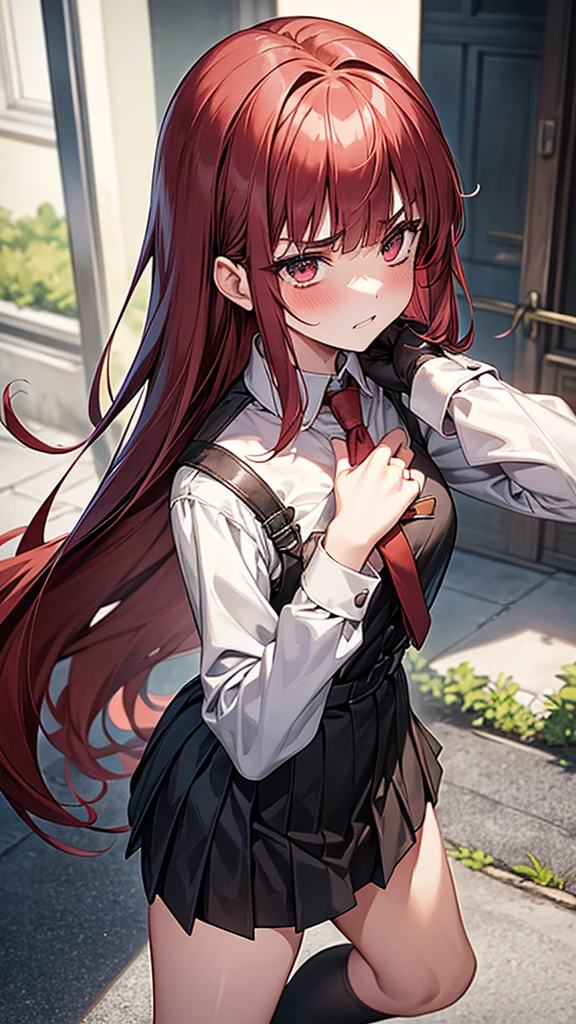 {{masterpiece}}, {{{Highest quality}}},{{Very detailed}}, {{figure}},{{tall}},{{Adult female}},,{{Fighting stance}},{From Side},{{Long sleeve mini skirt uniform}},{{}},}}{}},{fighting stance}},{},{}, ,{{Among the ruins}},{{Eyelet foot}},,{{blushing with anger}},{{v-shaped eyebrows}},,{{}},{{}},,Slender body}}{{Avoidance}}{{Female police officer}},,,,suspenders ,Long sleeve mini skirt uniform, White High Socks,Black fingerless gloves, Long Red Hair, Red tie,Straight hair ,Blunt bangs,Thigh holster,.amountn loafer,,blush,Wrinkles ,amount,Grit your teeth,suffering,v-shaped eyebrows.,Sweat dripping,Medium chest ,get annoyed,,Slums,,Twisting,Among the ruins