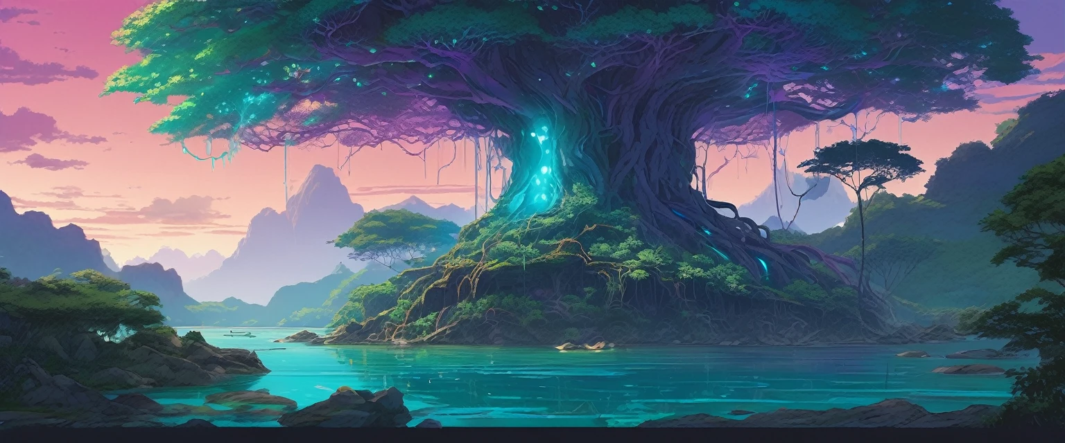 Luminescent Grand Tree, Colossal Mangrove Tree with Bioluminescent veins of light illuminating the alien jungle landscape, Grand Tree, Turquoise and Purple color scheme only, Turquoise and Purple colors only, Turquoise and Purple, Made in Abyss, Stormlight Archive, Studio Ghibli, Anime Key Visual, by Makoto Shinkai, Deep Color, Intricate, 8k resolution concept art, Natural Lighting, Beautiful Composition, Xianxia style