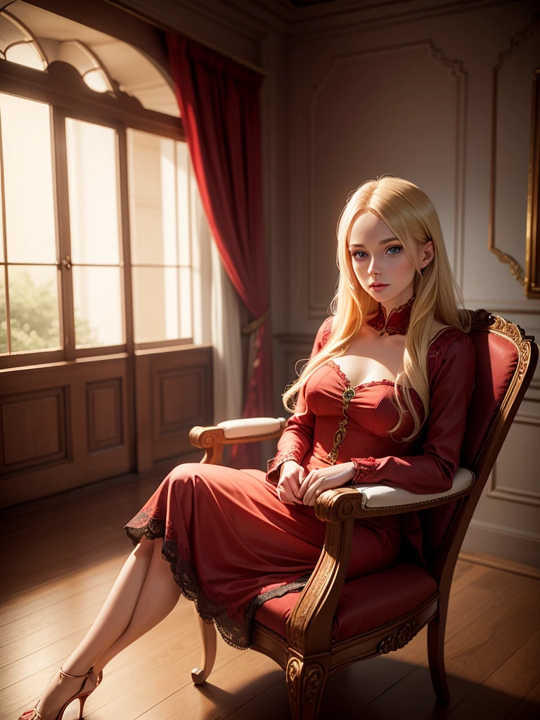 Blonde woman, twenty eight years old, blue eyes, wearing red dress, sitting on a chair in a exquisite room, fantasy world.