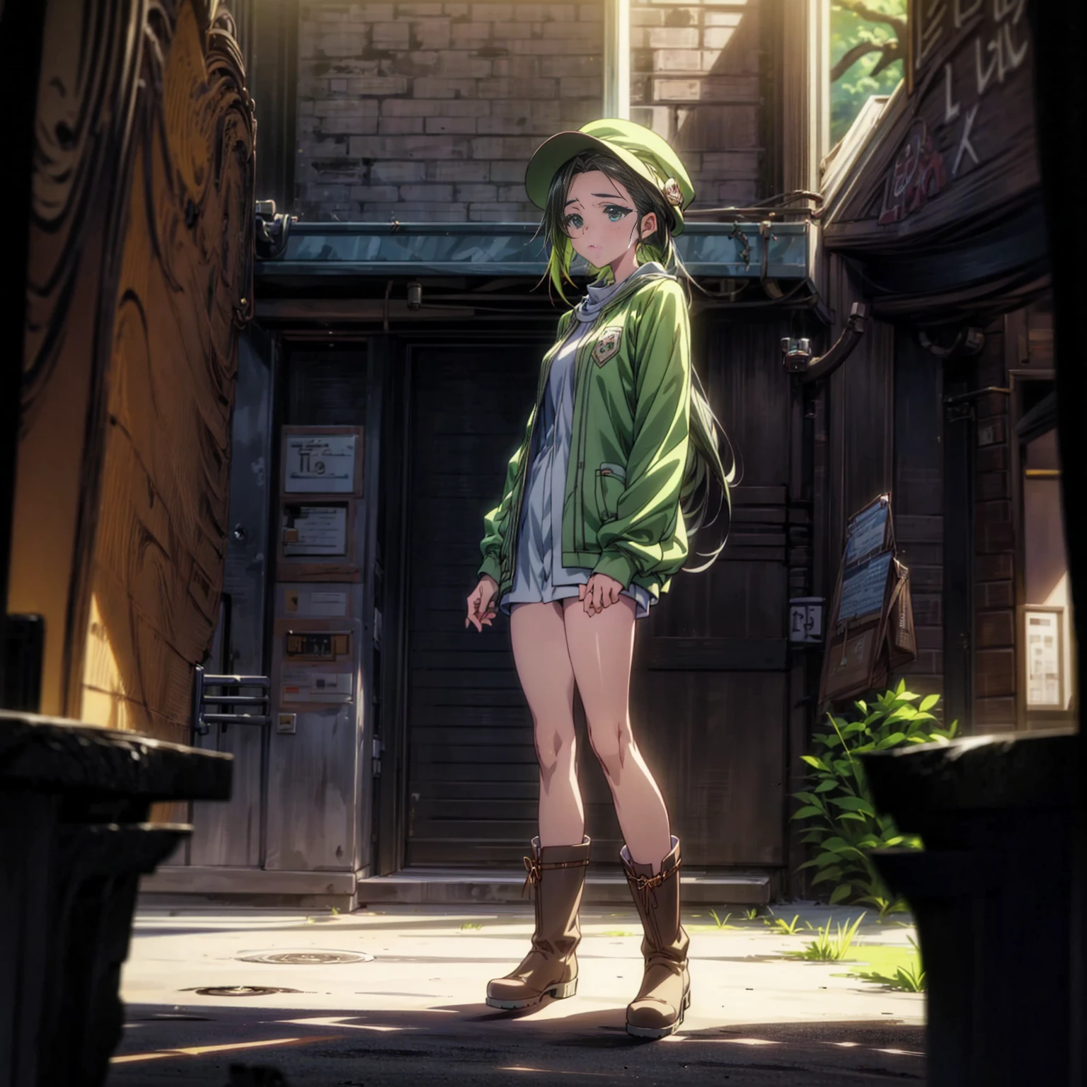 1children girl, Full body version, 1character, green eyes, long haircut, green color hair, casual style clothing, hat, boots, Grassroots, background in city street, motion blur, (detective conan style art), standing gesture, lighting
