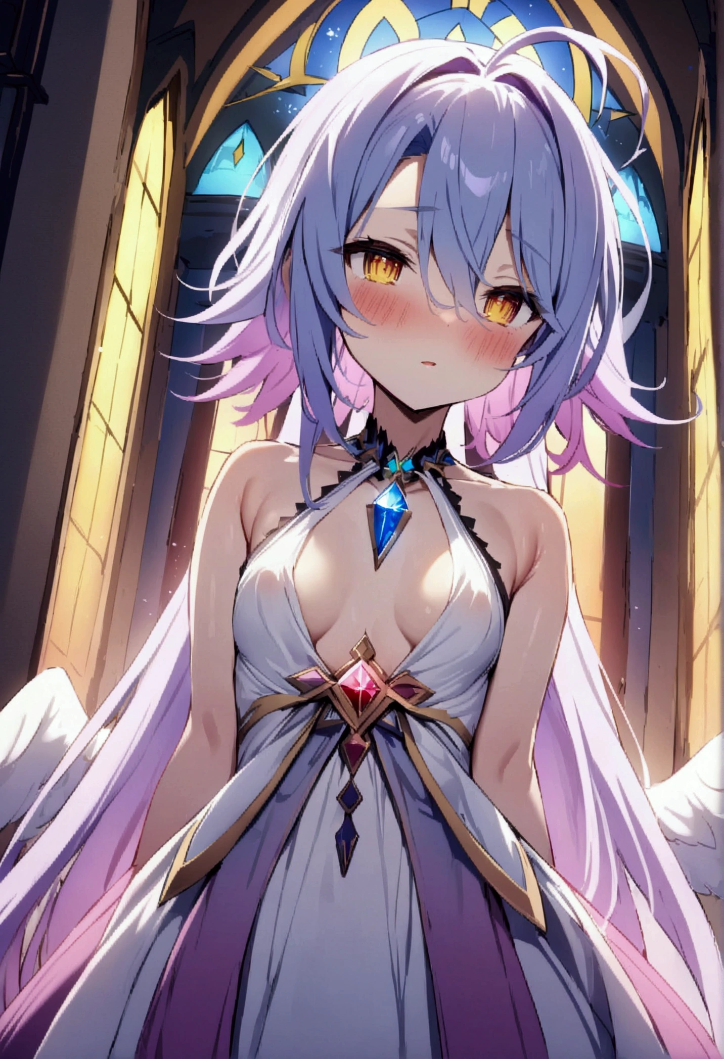 NSFW,masterpiece,Highest quality,High resolution,Very detailed,white\(no game No life\),Small breasts,Angel,Angelの羽,High-quality dress,Halter neck,gem,expectant face,blush,A moonlit church