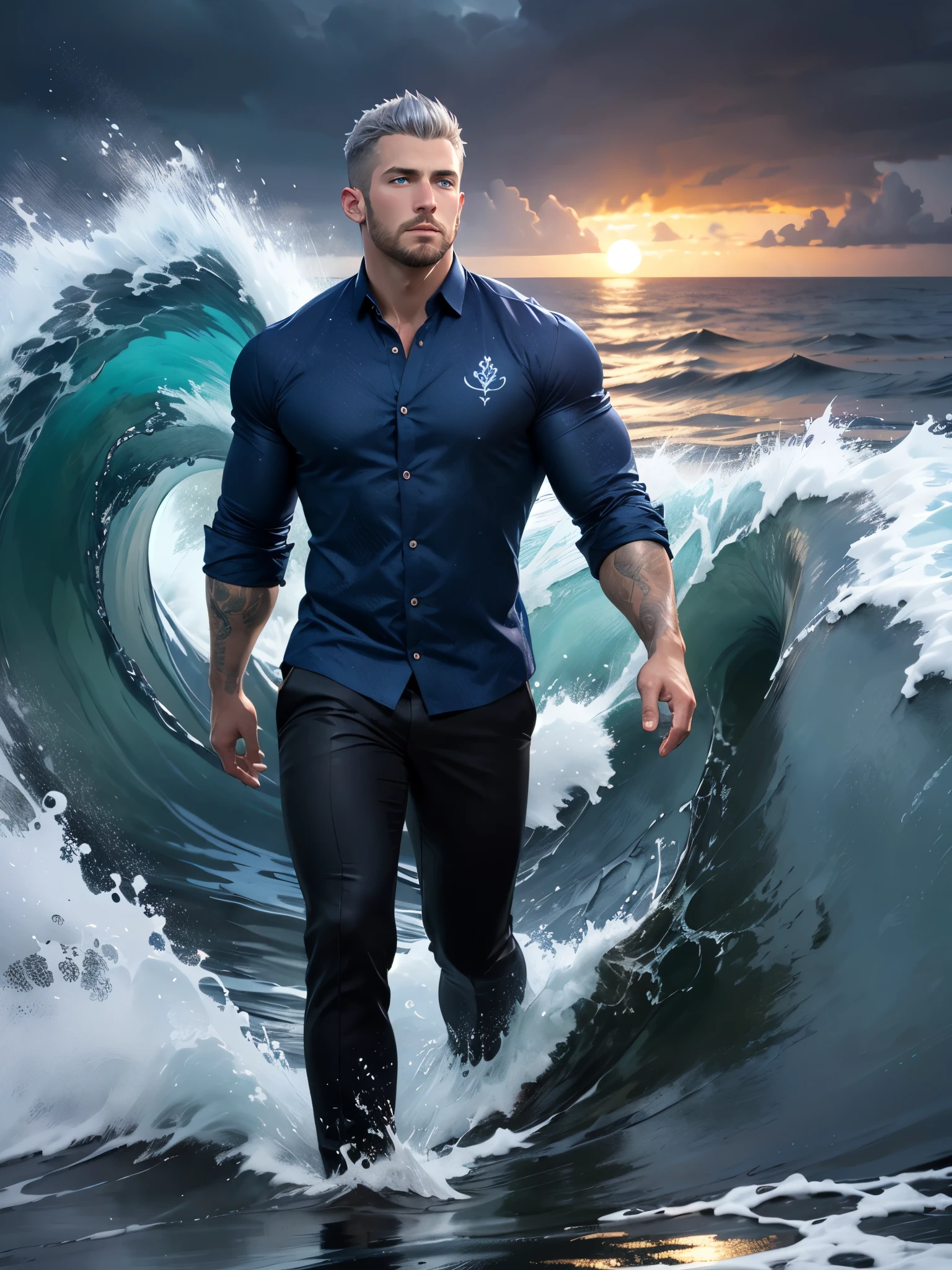 (Ocean greek god), hydromancer, muscular mature male, water magic, handsome, short beard, short hair, mystic, modern outfit, masterpiece, eye focus, best quality, anatomically correct, ((dark-blue royal shirt with silver embroidery)), (walk on water: 1.15), water particles flying around, ocean, huge waves behind character, ((storm)), huge waves around character, night, night sky, mystic, moon,