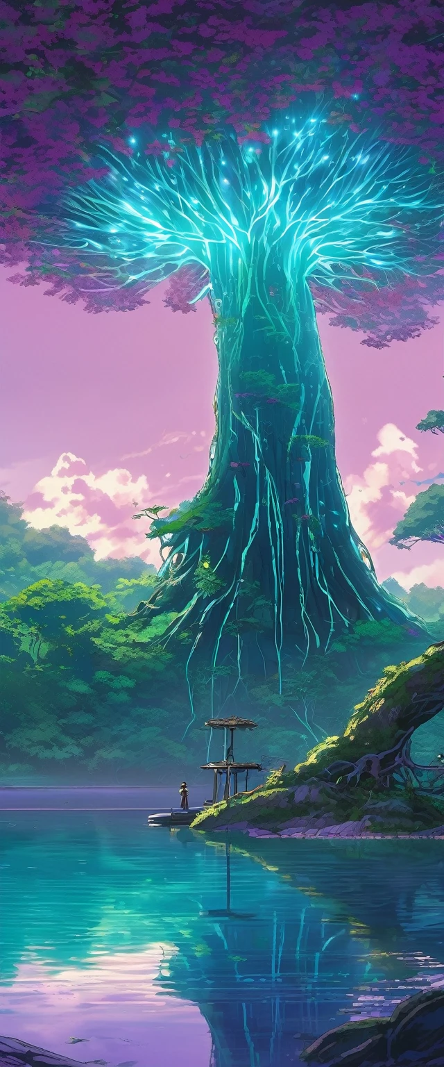 Luminescent Grand Tree, Colossal Mangrove Tree with Bioluminescent veins of light illuminating the alien jungle landscape, Grand Tree, Turquoise and Purple color scheme only, Turquoise and Purple colors only, Turquoise and Purple, Made in Abyss, Stormlight Archive, Studio Ghibli, Anime Key Visual, by Makoto Shinkai, Deep Color, Intricate, 8k resolution concept art, Natural Lighting, Beautiful Composition, Xianxia style
