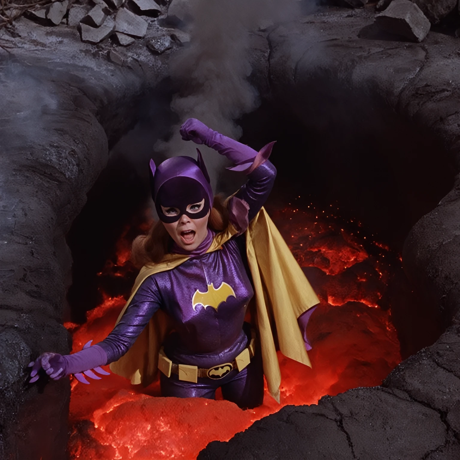 yvonne craig woman, sinking in a lava pit. She screams with her eyes wide open, she looks for help, extent her arm trying to grab something to escape, she moves desperate, but half of her body is already burning in the red glowing lava, smoke everywhere, she is in pain, "please help me" she screams , 60's style, analog film, film grain