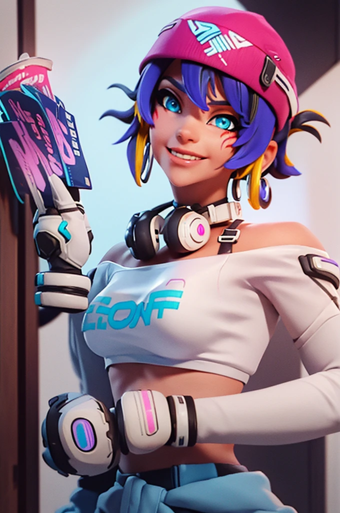 (((Glowing neon eyes))), ((masterpiece, best quality)), 1girl, solo, Kiriko LeSserafim, upper body, short hair, brown eyes, multicolored hair, blue hair, yellow highlights, bangs, pink headwear, hair between eyes, (white off-shoulder shirt:1.5), ((gloves:1.5)), pointing to her face, fingerless gloves, hoop earrings, (white shirt:1.5), headphones around neck, thighhigh, white gloves, lace-up boots, boots, gloves, jacket around waist, thighhighs, breasts, headphones, standing, jewelry, bracelet, midriff, white crop top, cross-laced footwear single kneehigh, smile, earrings, jewelry, hat, looking at viewer, makeup, facepaint, facial mark, detached sleeves, lips, indoors, japanese house, hands on her face, portrait,  