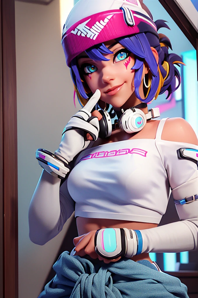 (((Glowing neon eyes))), ((masterpiece, best quality)), 1girl, solo, Kiriko LeSserafim, upper body, short hair, brown eyes, multicolored hair, blue hair, yellow highlights, bangs, pink headwear, hair between eyes, (white off-shoulder shirt:1.5), ((gloves:1.5)), pointing to her face, fingerless gloves, hoop earrings, (white shirt:1.5), headphones around neck, thighhigh, white gloves, lace-up boots, boots, gloves, jacket around waist, thighhighs, breasts, headphones, standing, jewelry, bracelet, midriff, white crop top, cross-laced footwear single kneehigh, smile, earrings, jewelry, hat, looking at viewer, makeup, facepaint, facial mark, detached sleeves, lips, indoors, japanese house, hands on her face, portrait,  