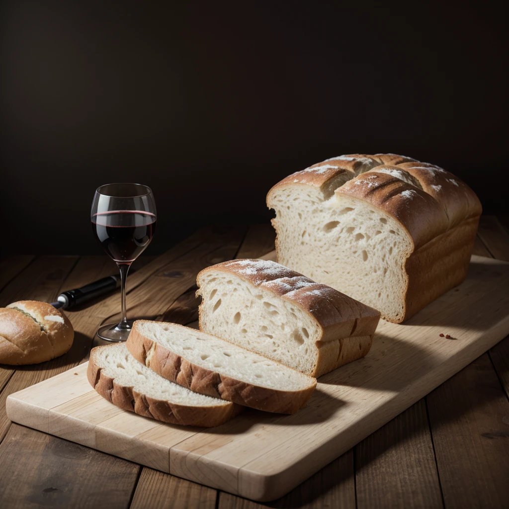 bread and wine on a wooden table with a medium dark background with enough space at the top left to add some type of text