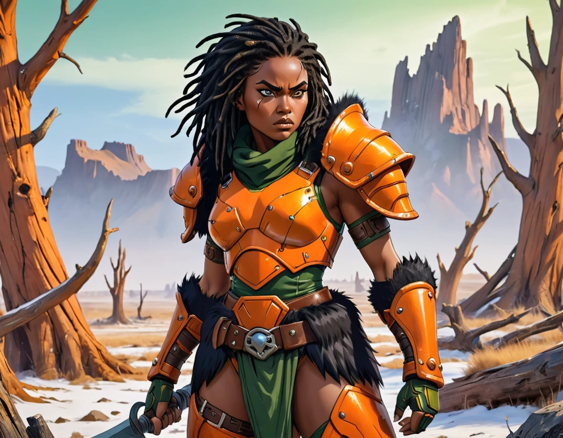  close up of African woman with (short black dreadlocks), short black hair pulled back, wearing a (heavy orange mechanical armor:1.3), chipped paint (orange power armor covering her chest and arms), (orange breast plate:1.1) with large (round orange shoulder pads:1.1), fur trim, dark green tight undersuit. (detailed eyes, detailed face), dark skin. (barbarian fur trim:1.3), (fur belt, fur boots). Badlands background with dead trees. super high quality, super high detail, masterpiece, 4k, 8k, HDR, masters of the universe. Frowning expression, serious expression, glaring at the camera, (fighting stance, fighting, movement:1.2)