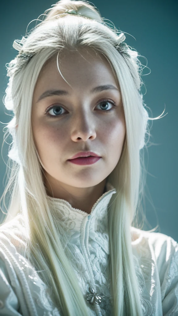 (A portrait of a nordic princess girl in a vintage style, masterpiece, magnificent art, best quality, 1girl, close-up of girl, snowy scandinavian mountains, winter time, highly detailed and symmetrical face, peach-silk smooth skin, vibrant and fierce green eyes, long and messy white hair, sculpted body, (sparks:0.7), Adobe illustration, trending on Artstation, 8k, HD, UHD, soft and cool lighting)