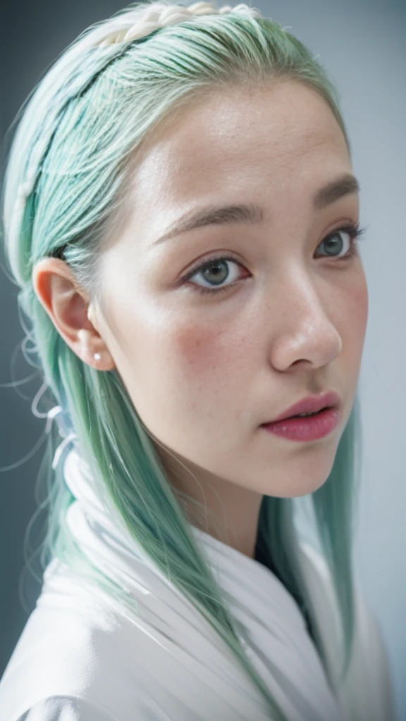 (A portrait of a nordic princess girl in a vintage style, masterpiece, magnificent art, best quality, 1girl, close-up of girl, snowy scandinavian mountains, winter time, highly detailed and symmetrical face, peach-silk smooth skin, vibrant and fierce green eyes, long and messy white hair, sculpted body, (sparks:0.7), Adobe illustration, trending on Artstation, 8k, HD, UHD, soft and cool lighting)