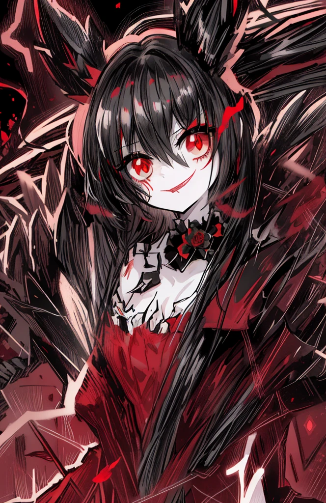 1girl, black hair, (red eye) ,red rose, Red bow, black noble dress ,pale skin,
(high resolution, high detail, best quality), mysterious, elegant