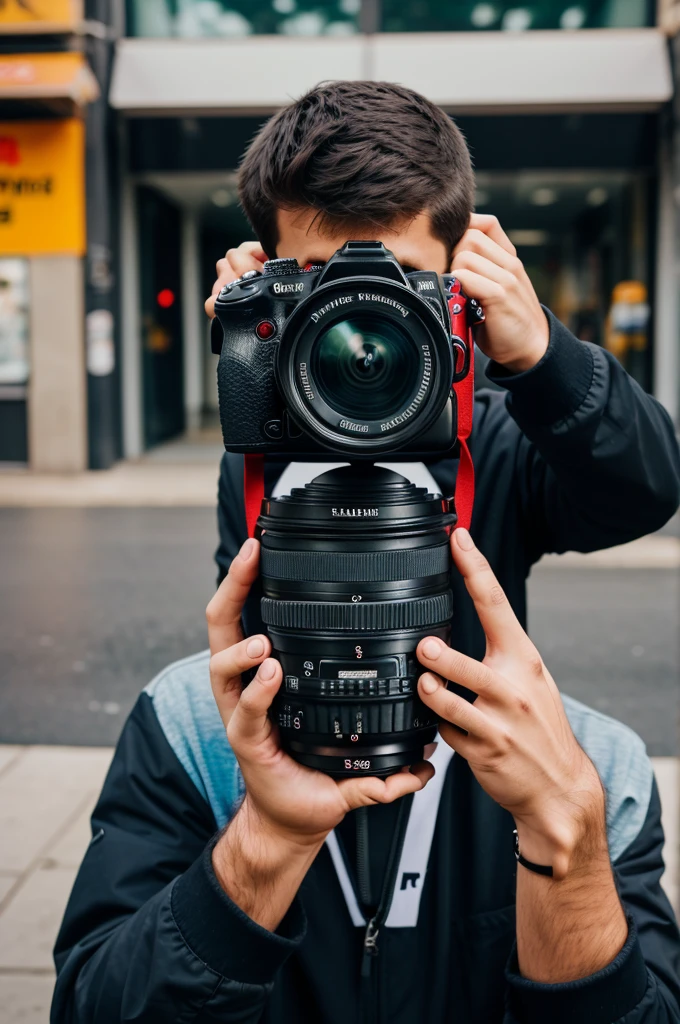 Generate a crazy and creative image of a guy holding dslr camera in his hands and without showing his face