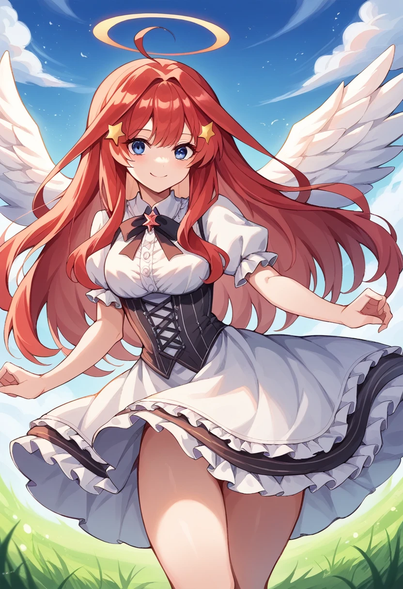 itsuki nakano, bangs, blue eyes, hair between eyes, ahoge, red hair, star \(symbol\), hair ornament, star hair ornament, Red and white dress, Victoria Gothic ****ta Fashion, ****ta Style, , rococo dress, ****ta fashion, one-piece,dress,petticoat,dynamic pose, angel wings, frills, tighthighs,halo, blue sky, grassy terrance,smile